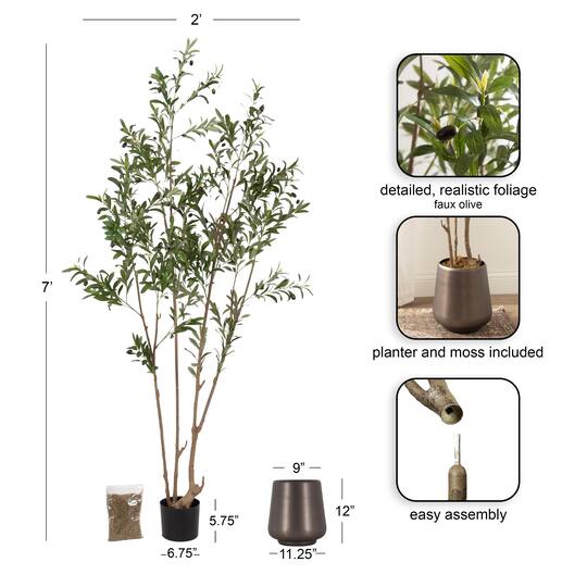 Kate and Laurel Green 7ft. Oliveira Faux Olive Tree with Gray Planter